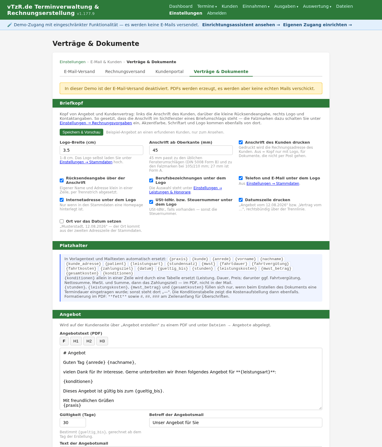 Einstellungsseite „Verträge & Dokumente“ mit Textvorlagen und Briefkopf-Einstellungen
