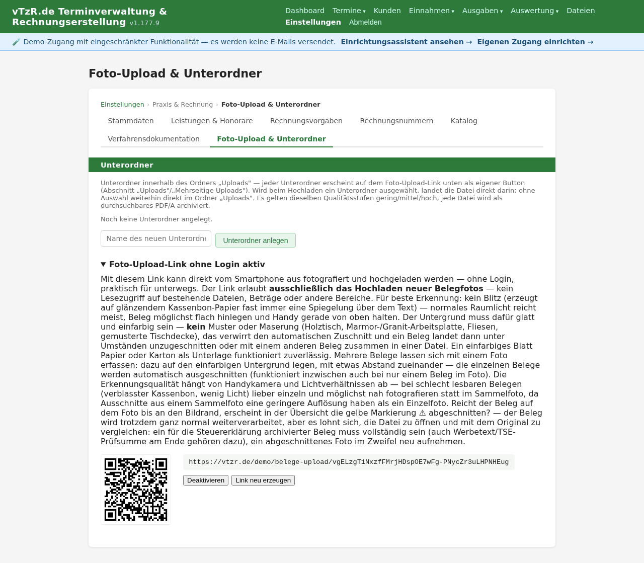 Seite „Uploads“ mit dem geheimen Upload-Link und dem zugehörigen QR-Code