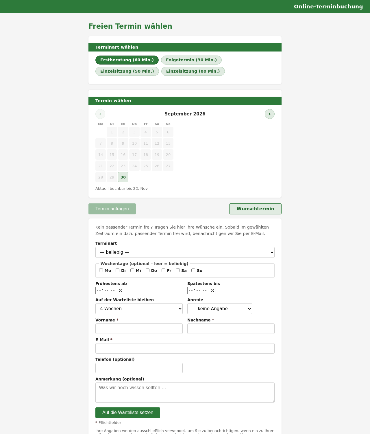 Buchungsseite mit aufgeklapptem Wartelisten-Formular: Wochentage, Uhrzeitfenster und Wartezeitraum
