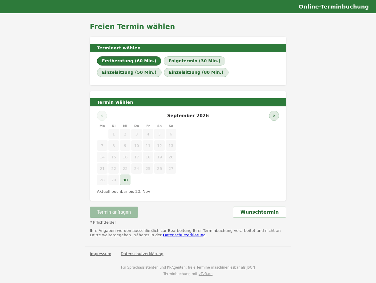 Öffentliche Terminbuchungsseite mit Auswahl der Terminart, Kalender und freien Uhrzeiten