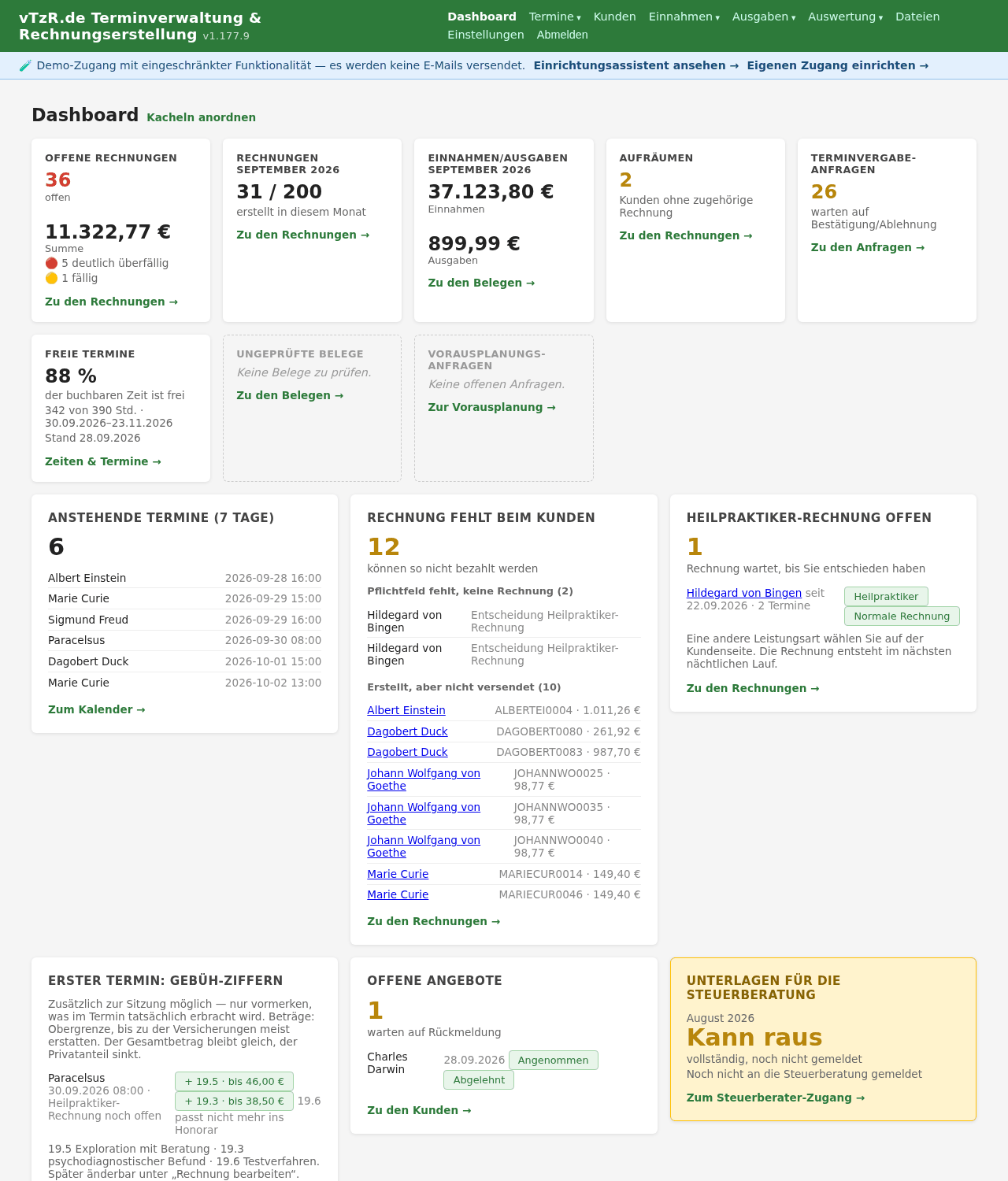 Dashboard von vTzR.de mit Kacheln für offene Rechnungen, Termine, Anfragen und Widget-Statistik