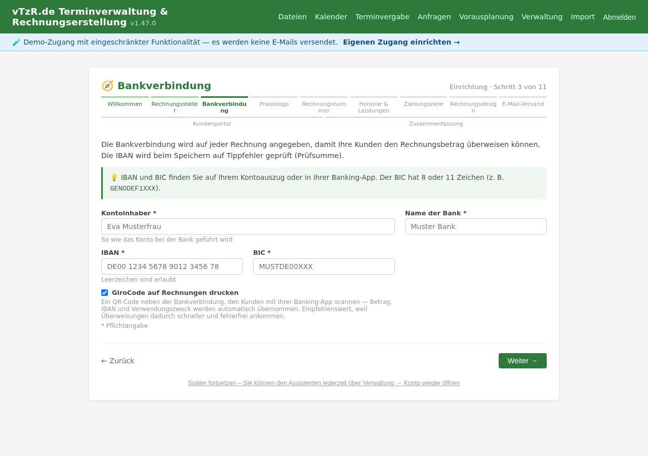 Einrichtungsassistent Schritt 3 von 11: Bankverbindung – IBAN, BIC und GiroCode-Option