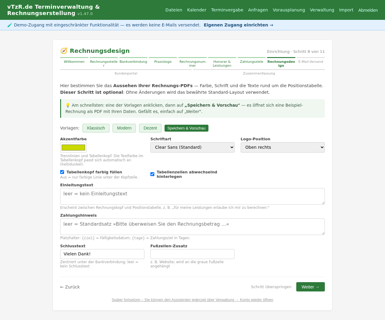 Einrichtungsassistent Schritt 8 von 11: Rechnungsdesign – Vorlagen, Farbe, Schrift und Texte