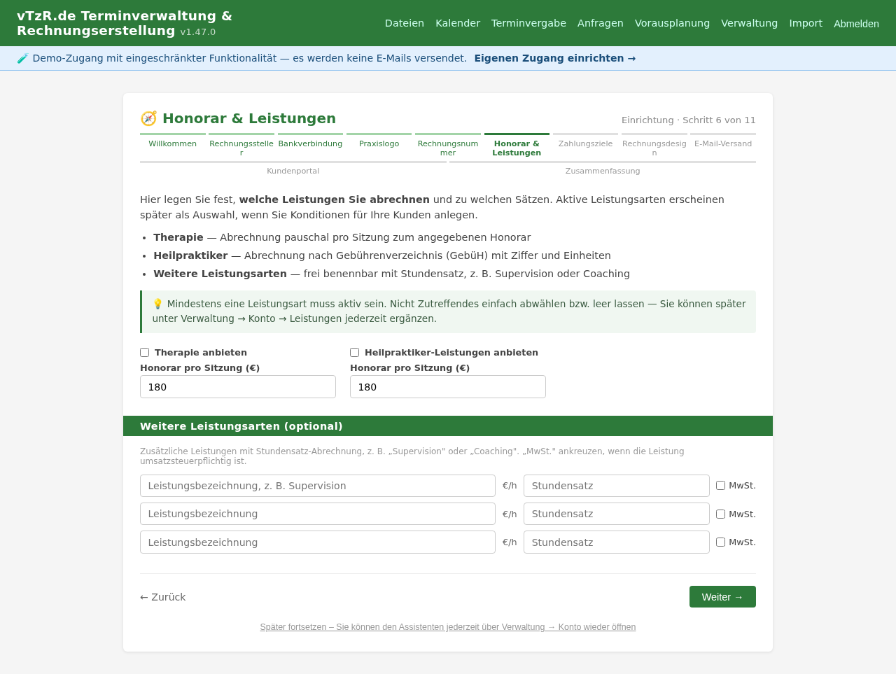 Einrichtungsassistent Schritt 6 von 11: Honorar und Leistungen – Therapie, Heilpraktiker und freie Leistungsarten