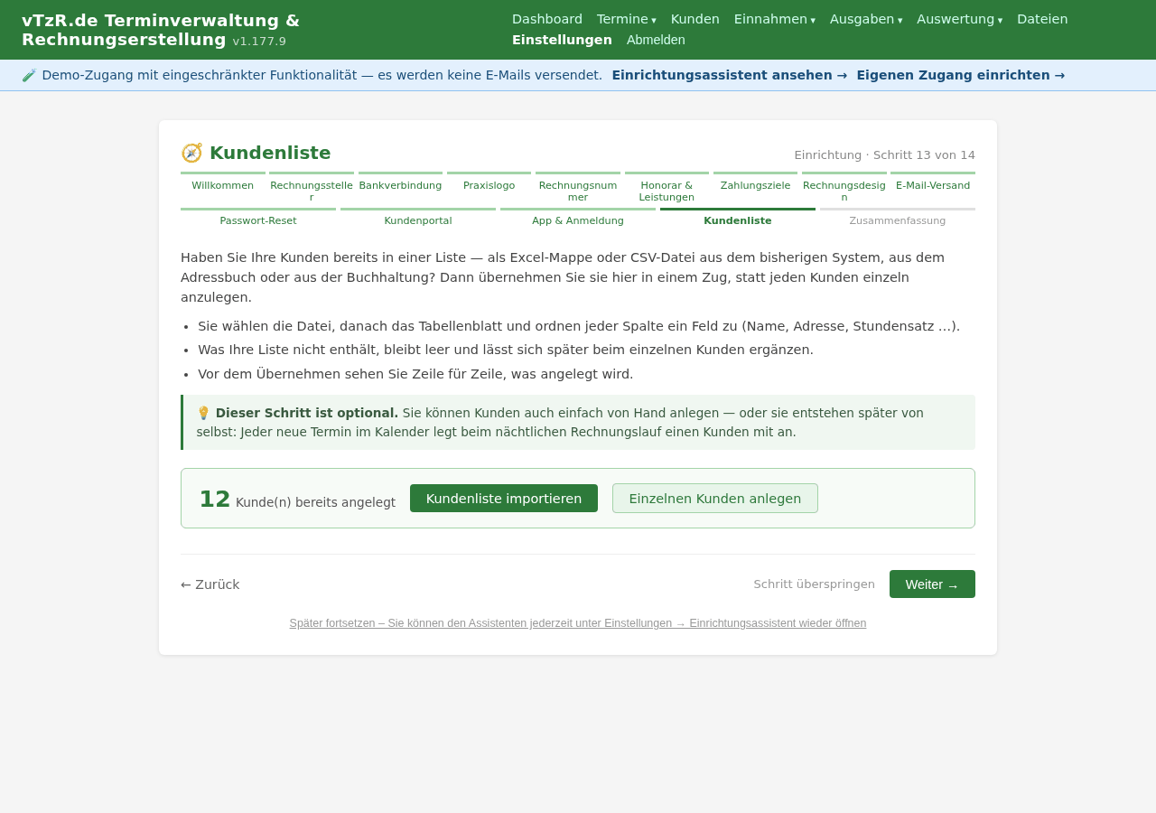 Einrichtungsassistent Schritt 13: Kundenliste — Hinweis auf den Import vorhandener Kunden