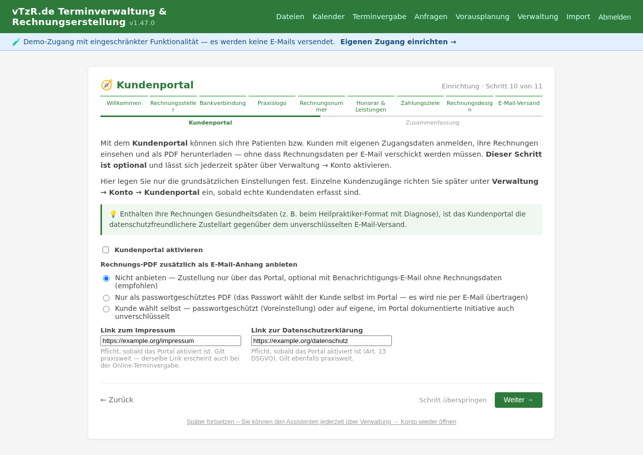 Einrichtungsassistent Schritt 10 von 11: Kundenportal – Aktivierung und Zustellart der Rechnungen