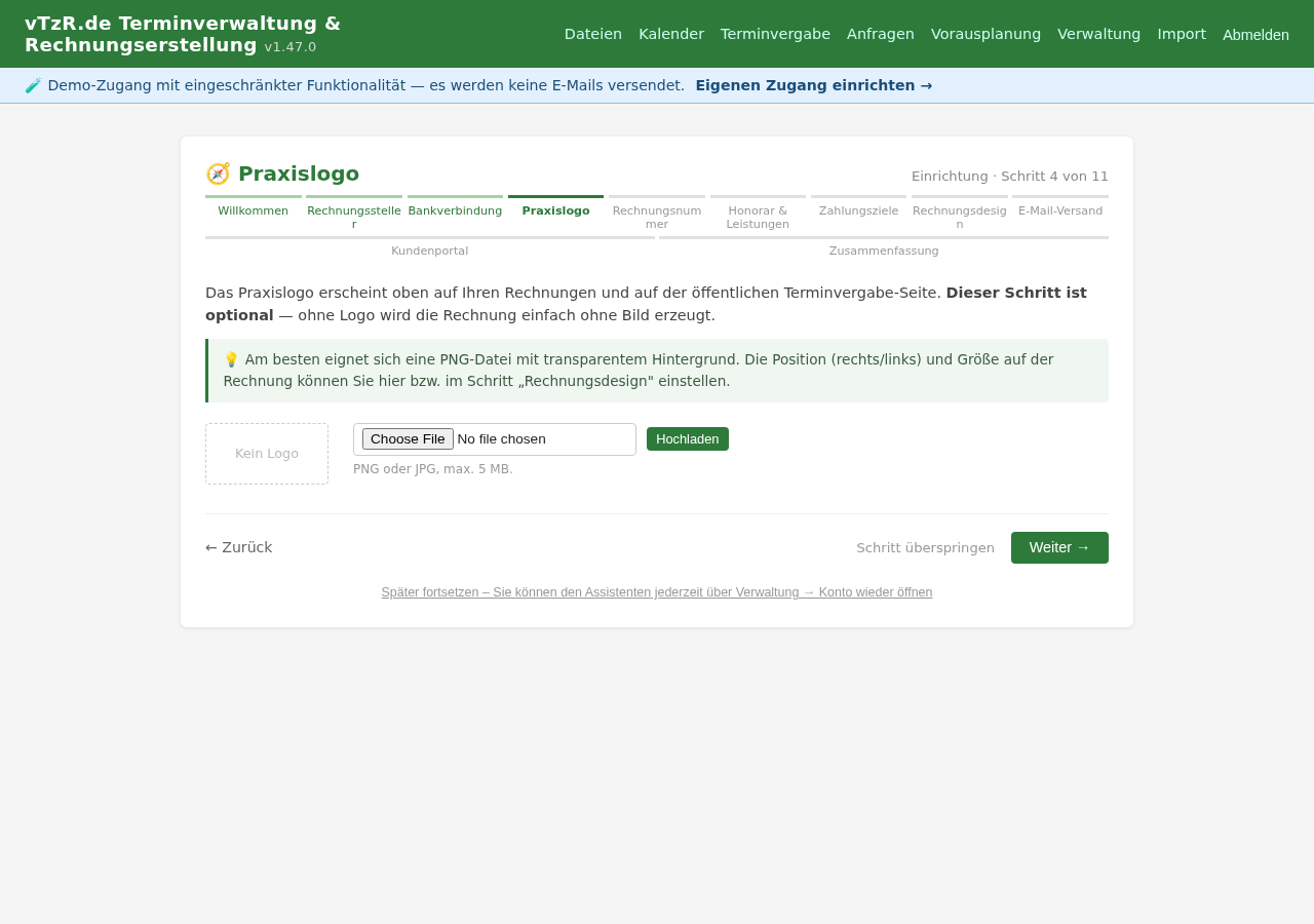 Einrichtungsassistent Schritt 4 von 11: Praxislogo – Upload und Größeneinstellung