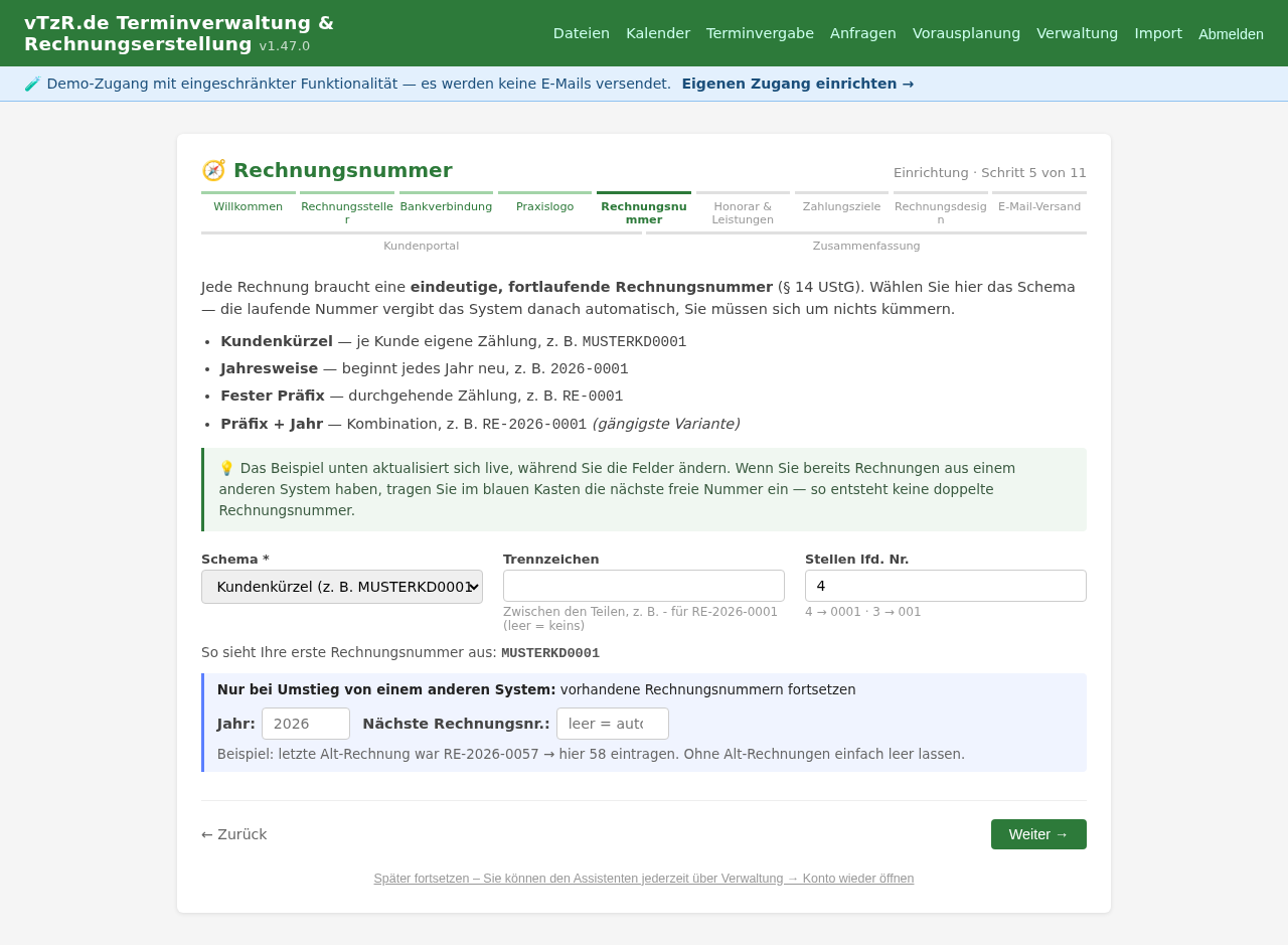 Einrichtungsassistent Schritt 5 von 11: Rechnungsnummer – Nummernschema mit Live-Vorschau