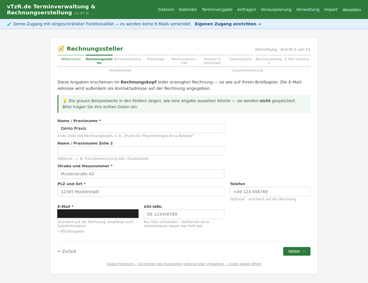 Einrichtungsassistent Schritt 2 von 11: Rechnungssteller – Name, Adresse und E-Mail für den Rechnungskopf