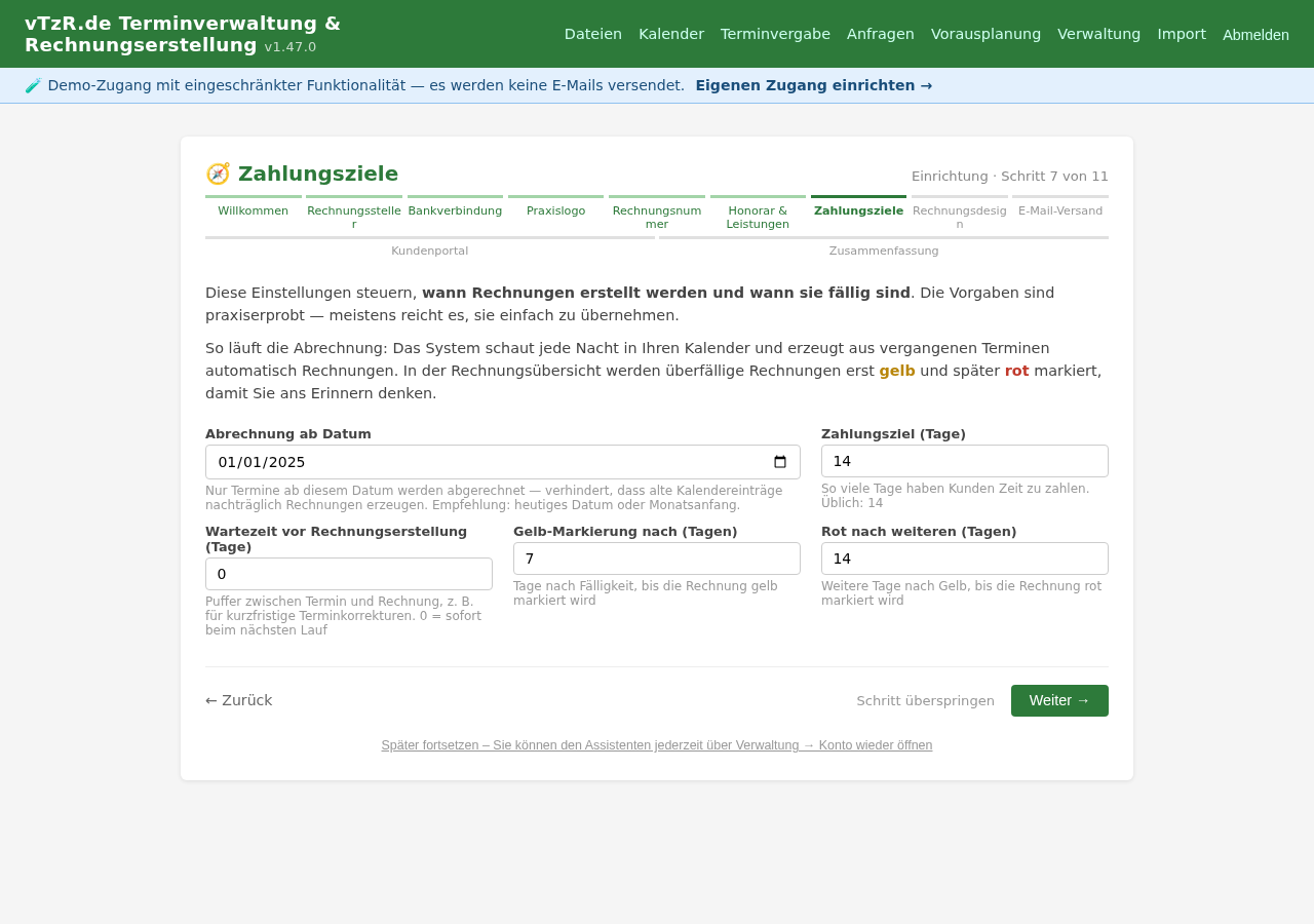 Einrichtungsassistent Schritt 7 von 11: Zahlungsziele – Zahlungsfrist und Mahn-Markierungen