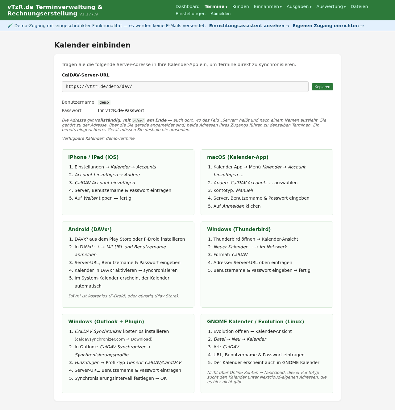 Seite „Kalender einbinden“ mit CalDAV-Zugangsdaten und Anleitungen für iPhone, Android und Outlook