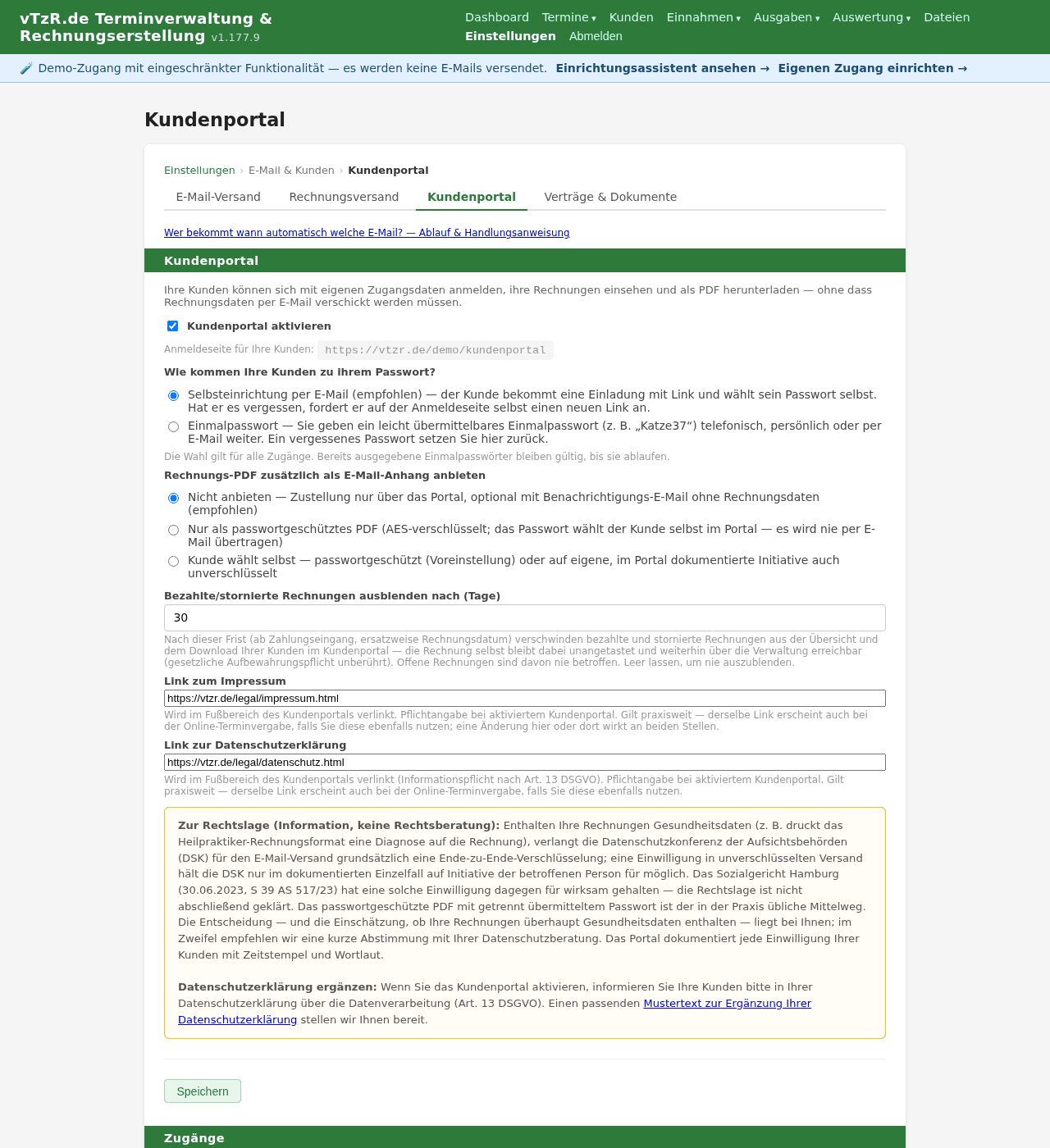 Einstellungsseite „Kundenportal“ mit der Liste der Kundenzugänge und ihrem Status