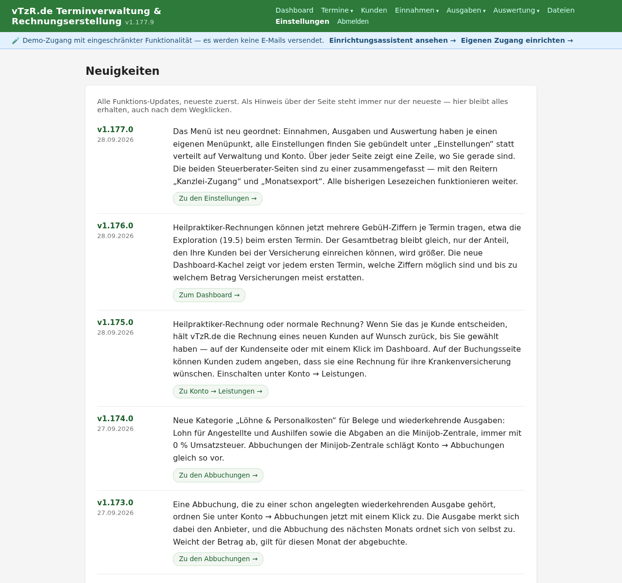 Seite „Neuigkeiten“ mit der Liste aller Funktions-Updates nach Version und Datum