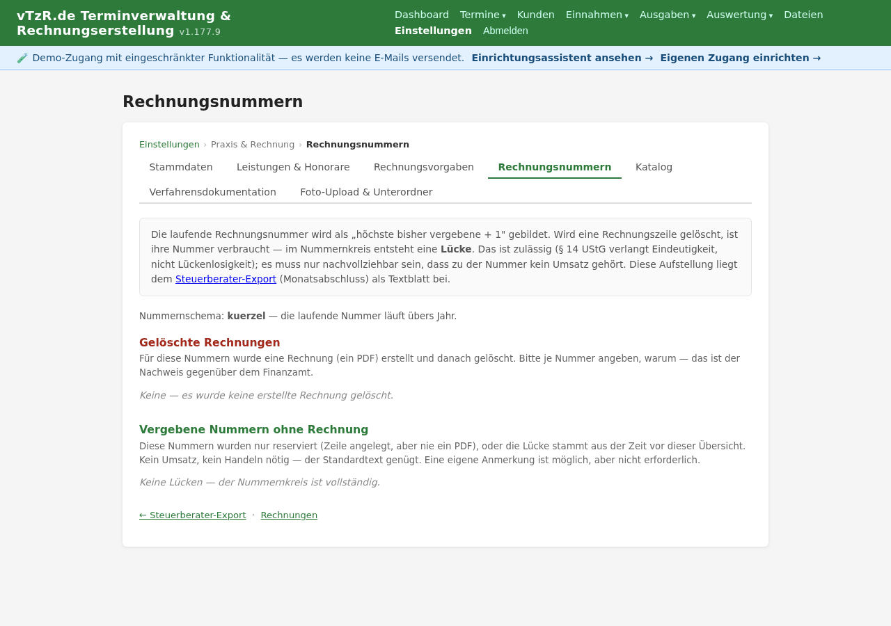 Seite „Rechnungsnummern“ mit den Lücken im Nummernkreis und Feldern für die Begründung