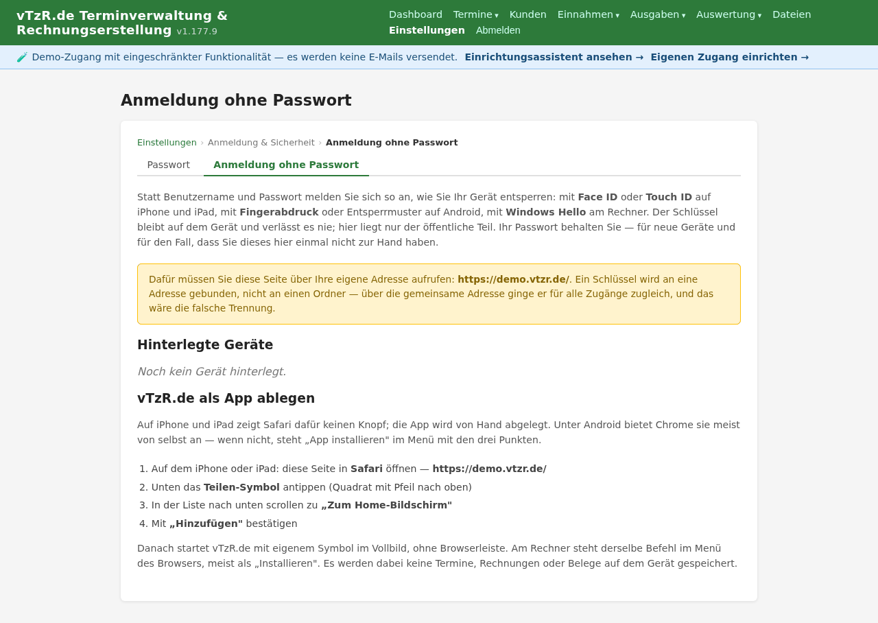Seite „Anmeldung ohne Passwort“ mit der Liste hinterlegter Geräte
