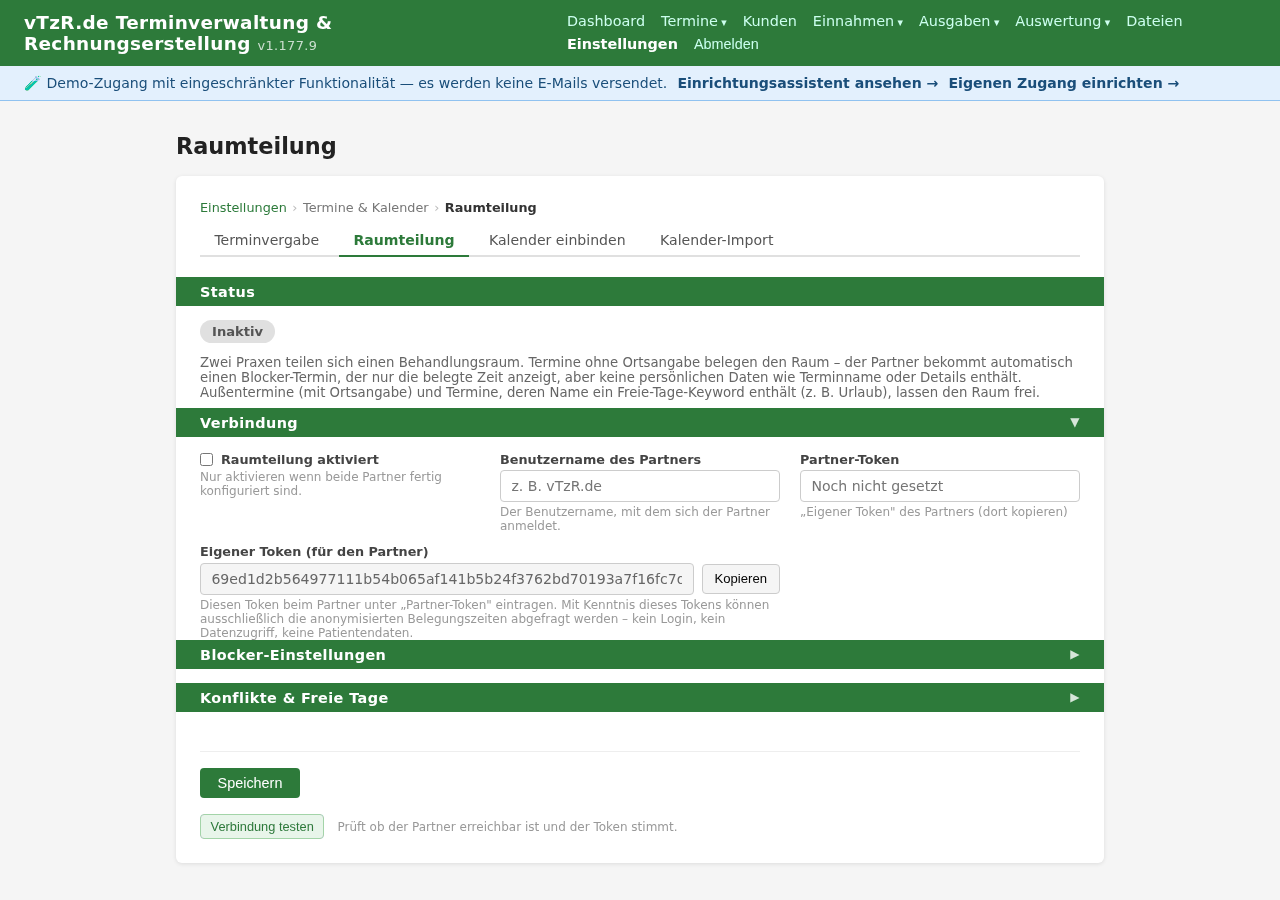 Seite „Raumteilung“ mit den beteiligten Zugängen und den geteilten Belegungszeiten