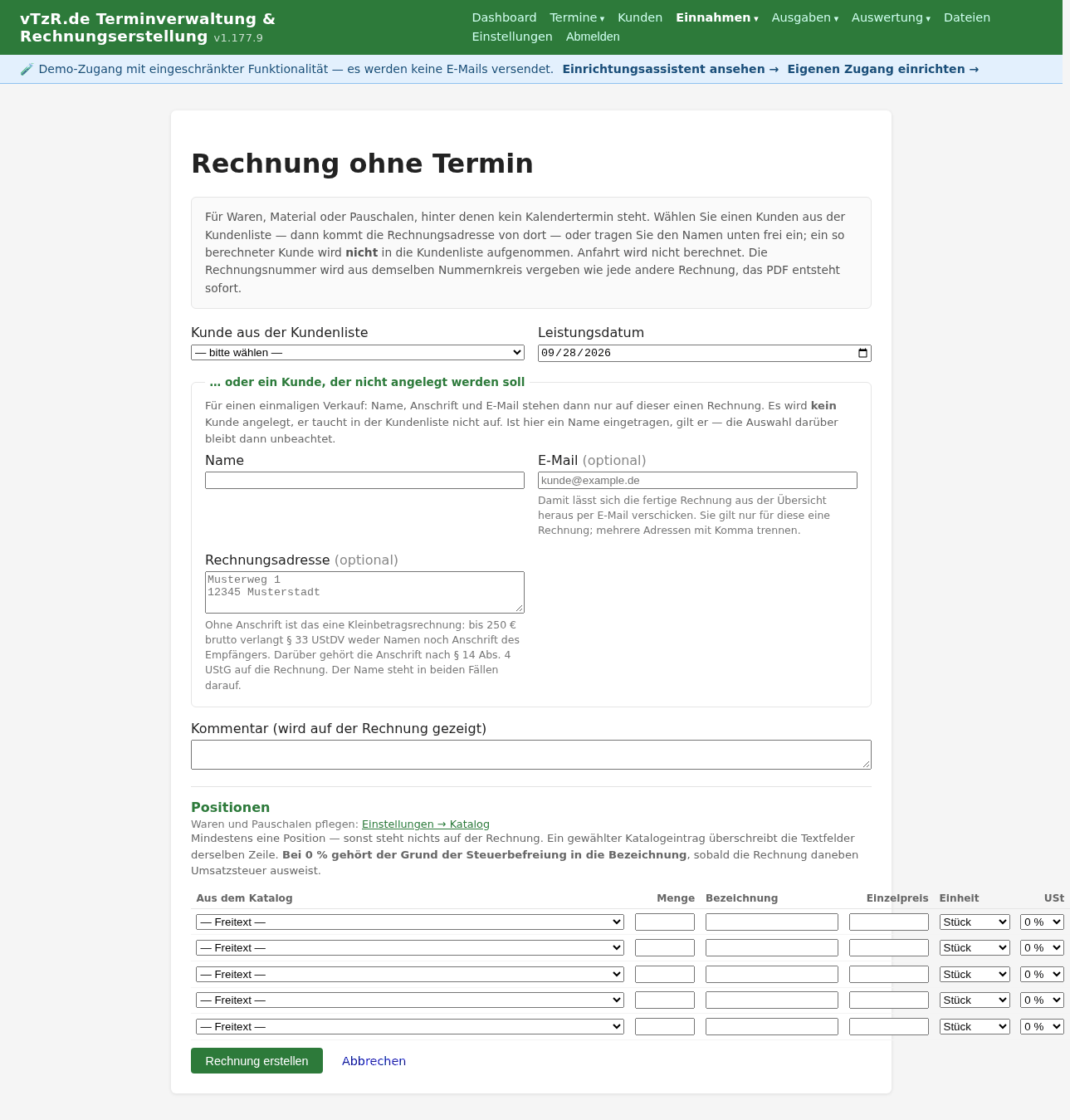 Formular „Rechnung ohne Termin“ mit Kundenauswahl, Leistungsdatum und Positionszeilen
