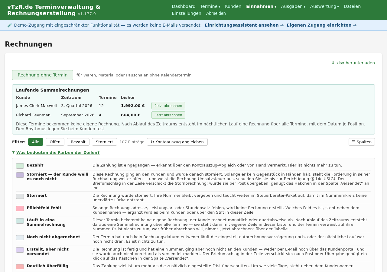 Rechnungsübersicht mit aufgeklappter Farblegende und Erklärung jeder Zeilenmarkierung