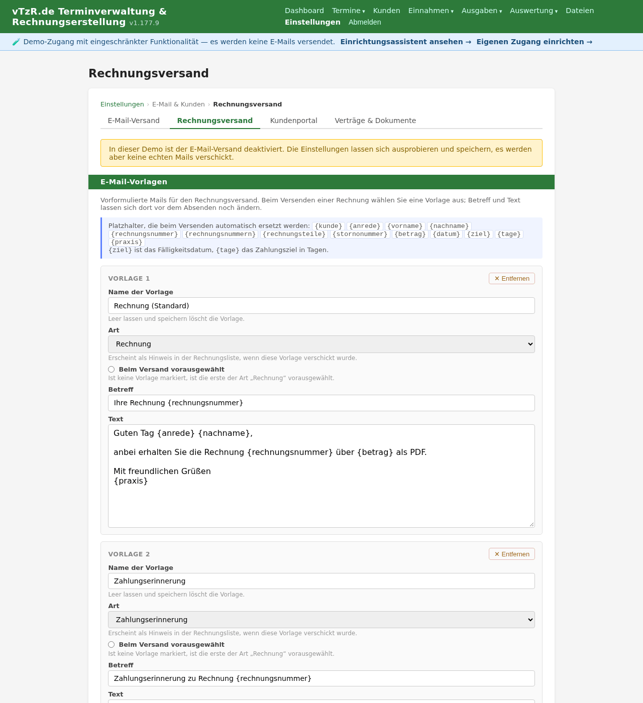 Einstellungsseite „Rechnungsversand“ mit Mailvorlagen für Rechnung und Zahlungserinnerung