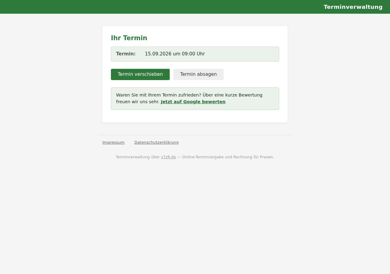 Kundenseite zum Verschieben oder Absagen eines Termins, geöffnet über den Link aus der Bestätigungsmail