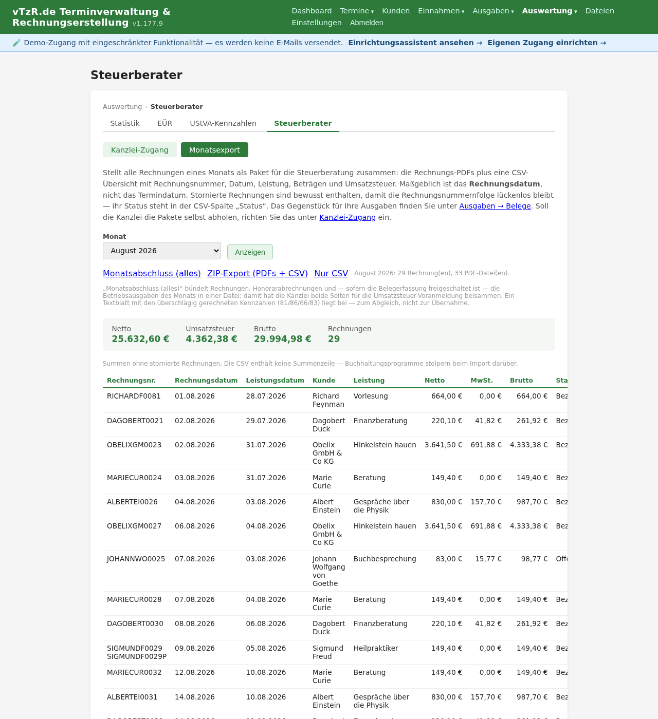 Seite „Steuerberater“ mit Monatsauswahl, Summen und Download der Exportpakete