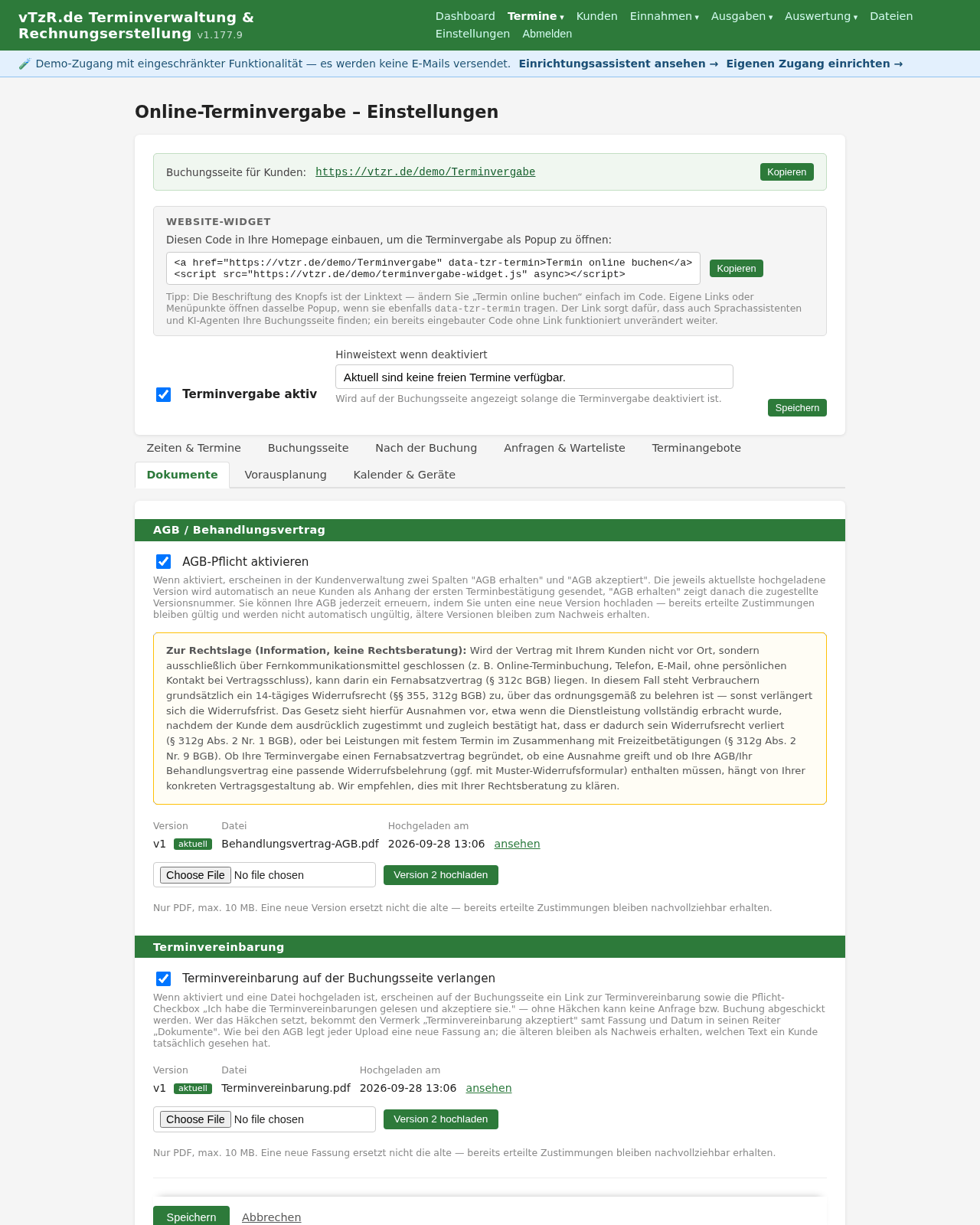 Terminvergabe-Einstellungen, Reiter „Dokumente“ mit AGB-Upload und Versionsliste