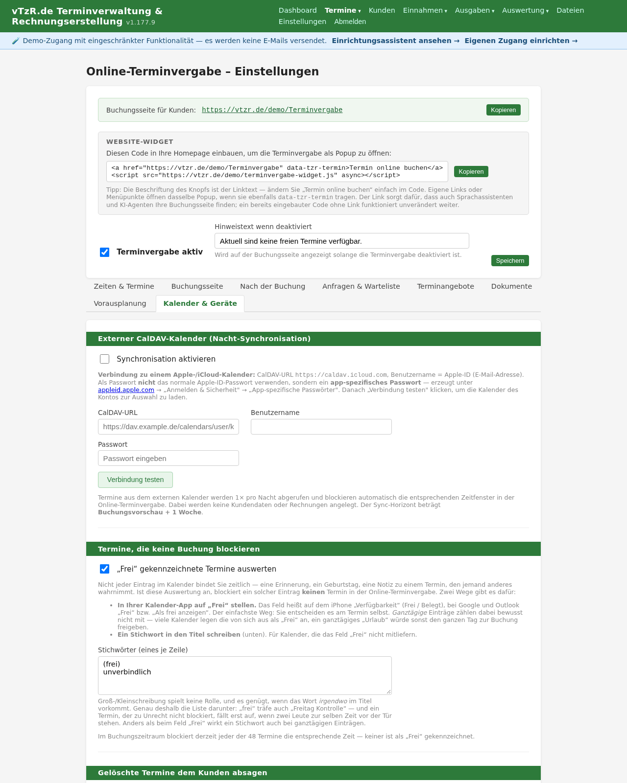 Terminvergabe-Einstellungen, Reiter „Kalender und Geräte“ mit Kalenderzugang und Push-Benachrichtigungen