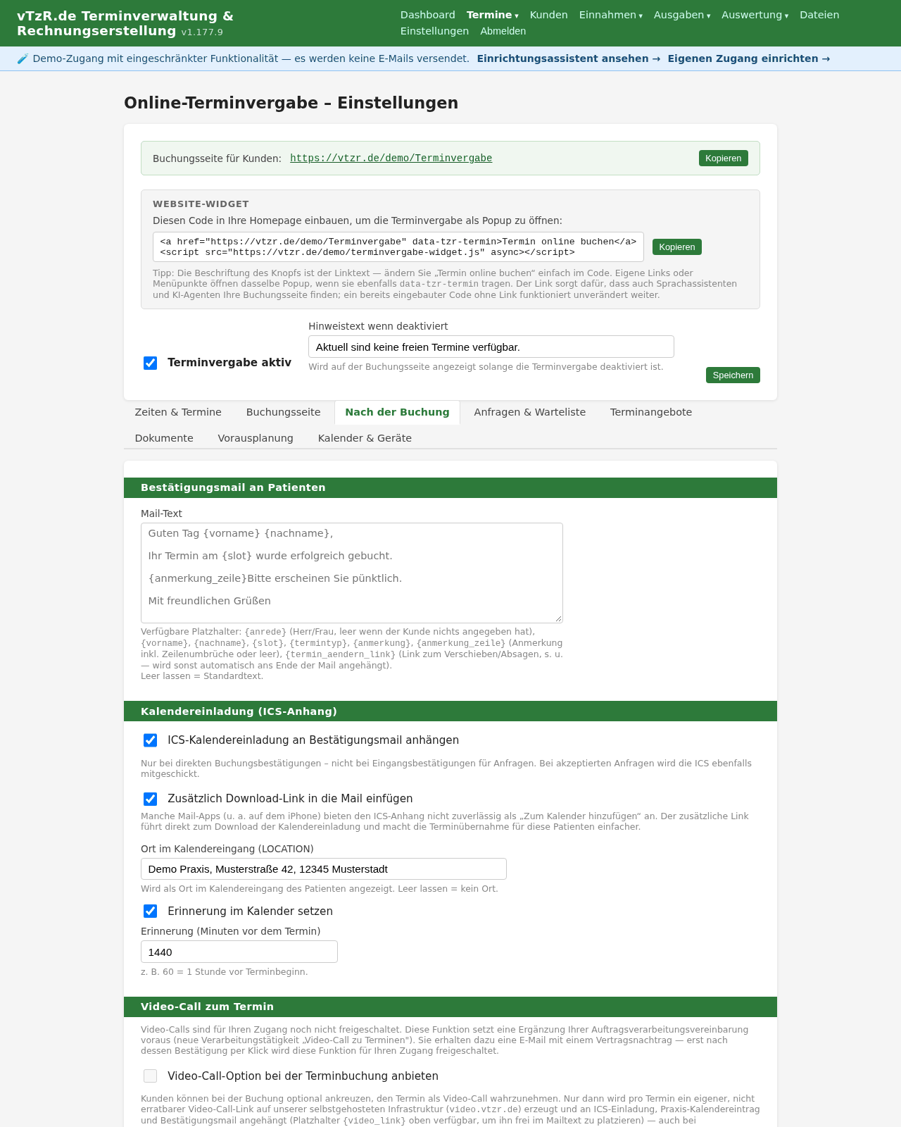 Terminvergabe-Einstellungen, Reiter „Nach der Buchung“ mit Bestätigungstext und Kalenderdatei-Optionen