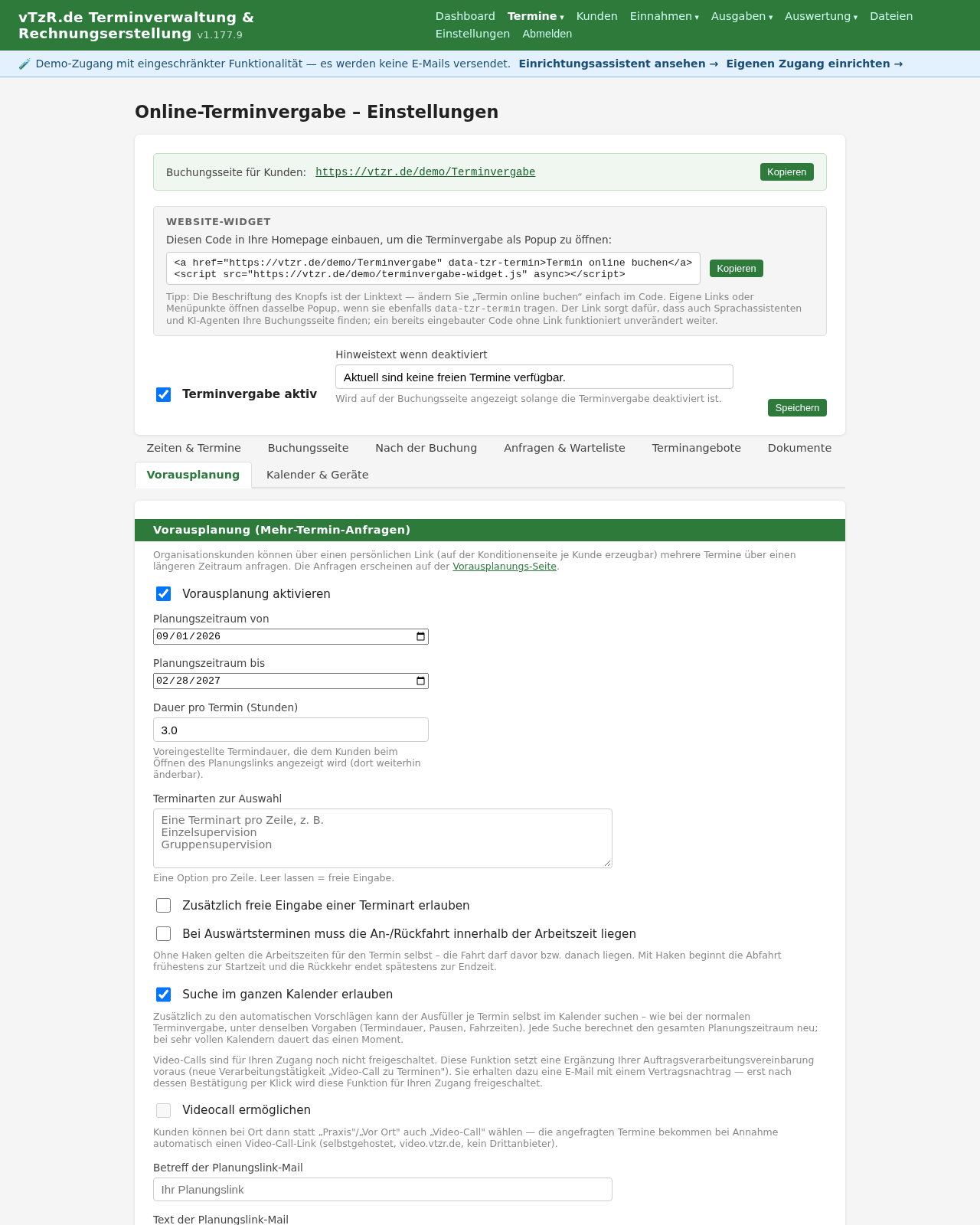 Terminvergabe-Einstellungen, Reiter „Vorausplanung“ mit Planungszeitraum und Vertragsvorlage