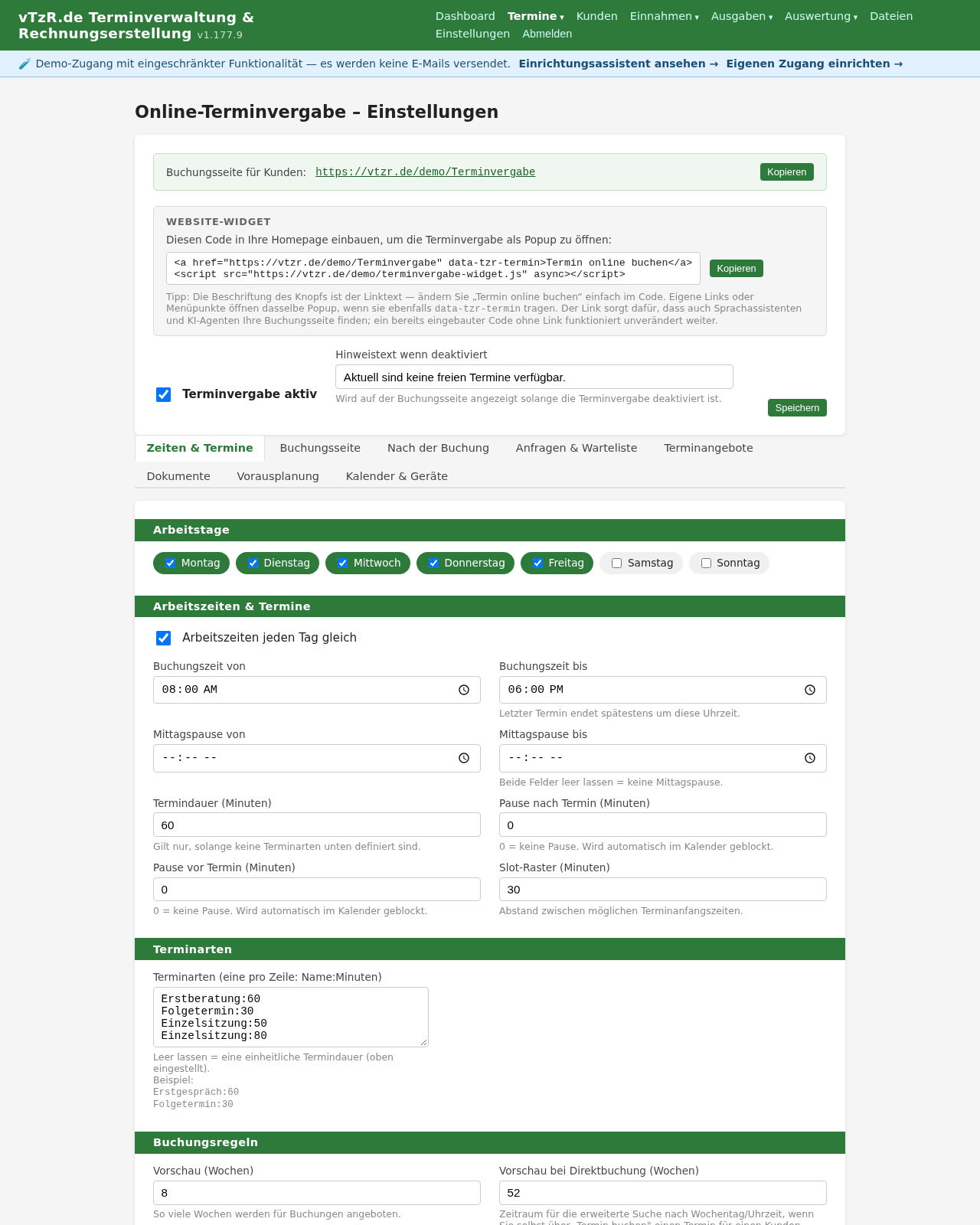 Terminvergabe-Einstellungen, Reiter „Zeiten und Termine“ mit Arbeitstagen, Uhrzeiten und Terminarten