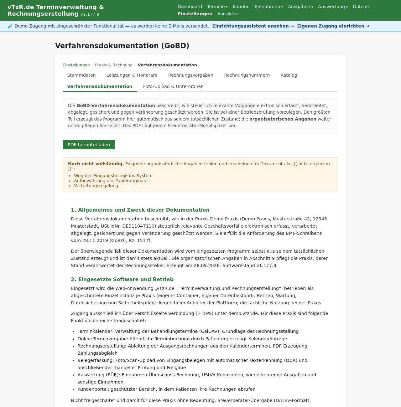 Seite „Verfahrensdokumentation“ mit den erzeugten Abschnitten und den Freitextfeldern