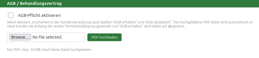 Kontoeinstellung „AGB / Behandlungsvertrag“: Haken „AGB-Pflicht aktivieren“ und Upload-Feld für die PDF-Datei