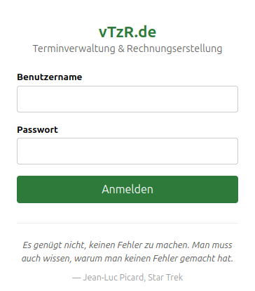 Login-Seite von vTzR.de mit Feldern für Benutzername und Passwort