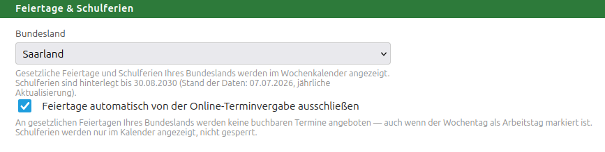 Kontoeinstellung „Feiertage & Schulferien“: Auswahl des Bundeslandes und Haken zum automatischen Ausschließen von Feiertagen aus der Online-Terminvergabe