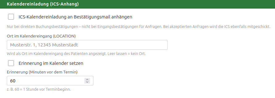 Kontoeinstellung „Kalendereinladung (ICS-Anhang)“: Haken zum Anhängen, Ort im Kalendereintrag und optionale Erinnerungszeit