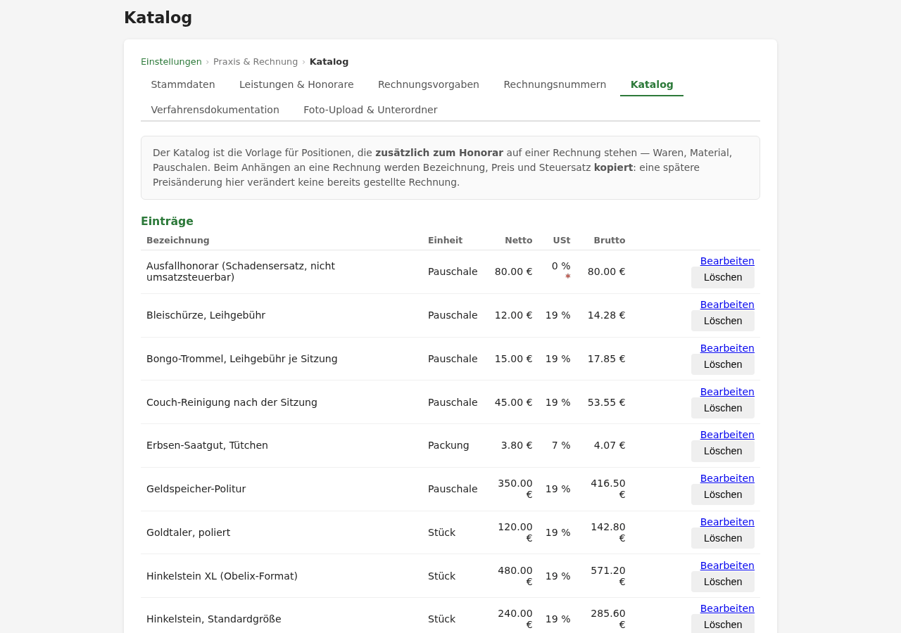 Seite „Katalog“ mit einer Liste von Positionen: Bezeichnung, Einheit, Netto, Umsatzsteuersatz und Bruttopreis