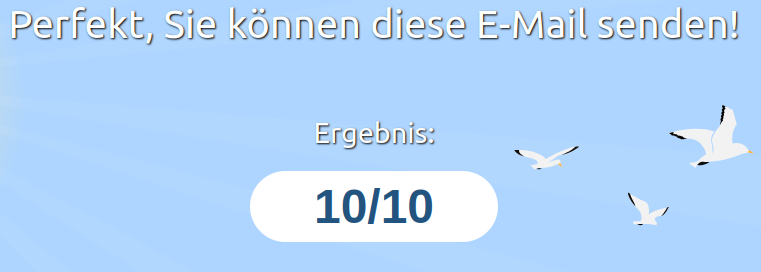 Mail-Tester.com-Ergebnis: 10 von 10 Punkten, Hinweis „Perfekt, Sie können diese E-Mail senden!“