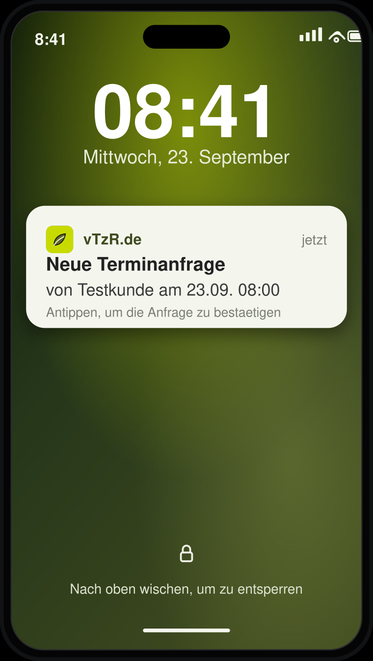 Nachgestellter Sperrbildschirm eines Smartphones mit Push-Benachrichtigung von vTzR.de: „Neue Terminanfrage – von Testkunde am 23.09. 08:00“