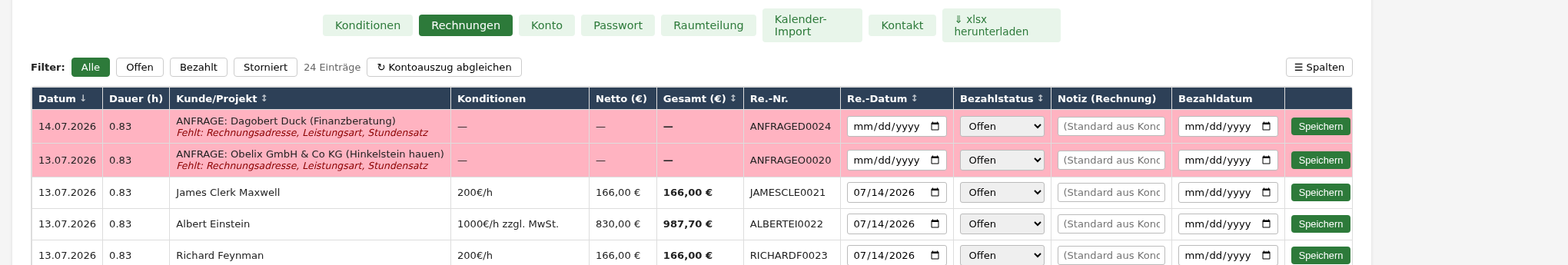 Rechnungsübersicht mit rot markierten Zeilen für Termine ohne passenden Konditionen-Eintrag und Hinweis auf die fehlenden Felder