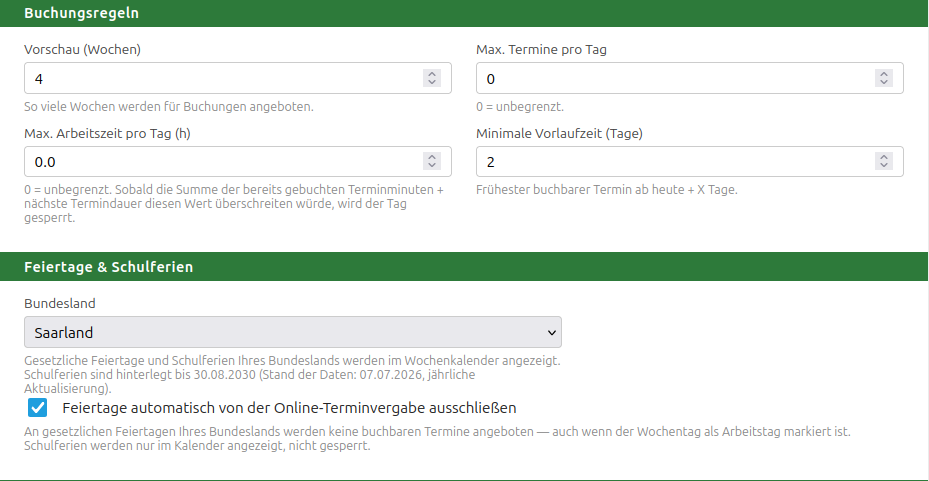 Kontoeinstellung „Buchungsregeln“: Vorschau in Wochen, Max. Termine pro Tag, Max. Arbeitszeit pro Tag, Minimale Vorlaufzeit; darunter „Feiertage & Schulferien“ mit Bundesland-Auswahl