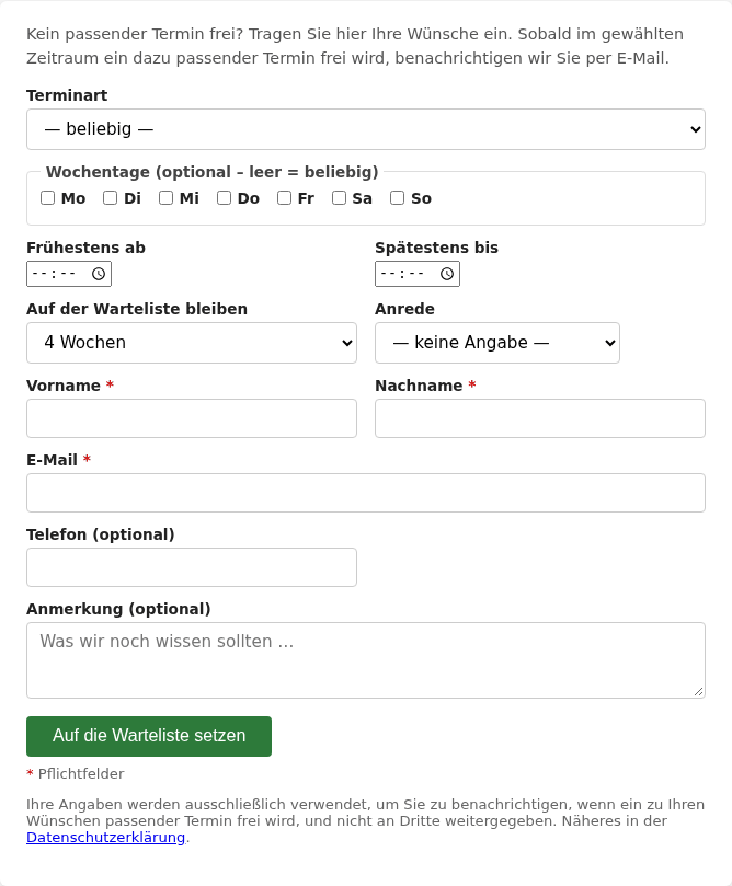 Aufgeklapptes Wartelisten-Formular unter der Terminauswahl mit Terminart, Wochentagen, Zeitfenster und der Auswahl, wie lange man auf der Liste bleibt